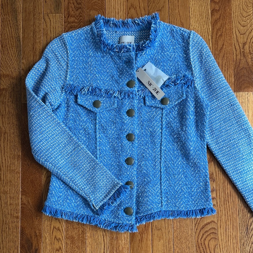 NIC+ZOE Bright Blue Tweed Fringe Jacket size XS NWT